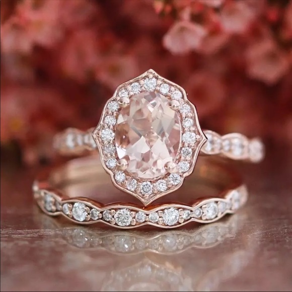 Oval Rose Gold Engagement Ring Set - Picture 2 of 6